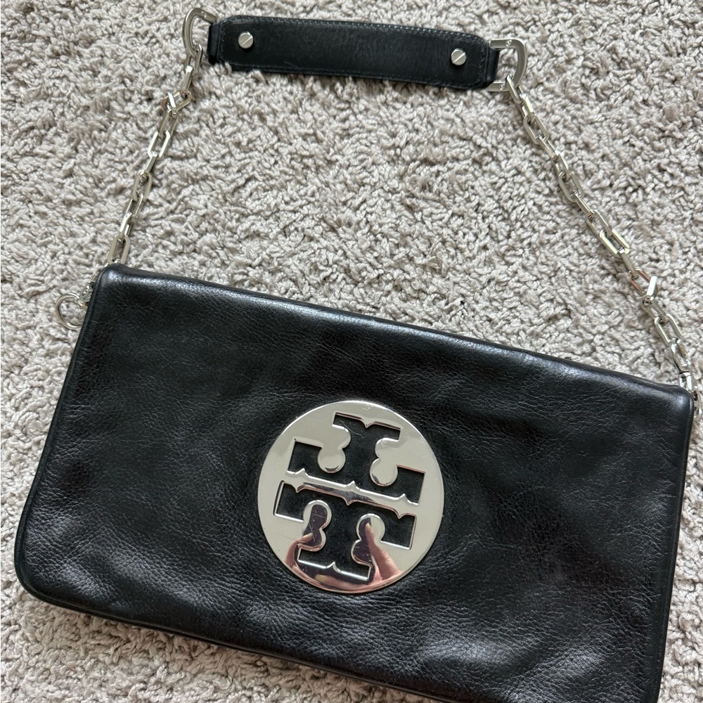 Tory Burch Black Leather Satchel with Silver Accents